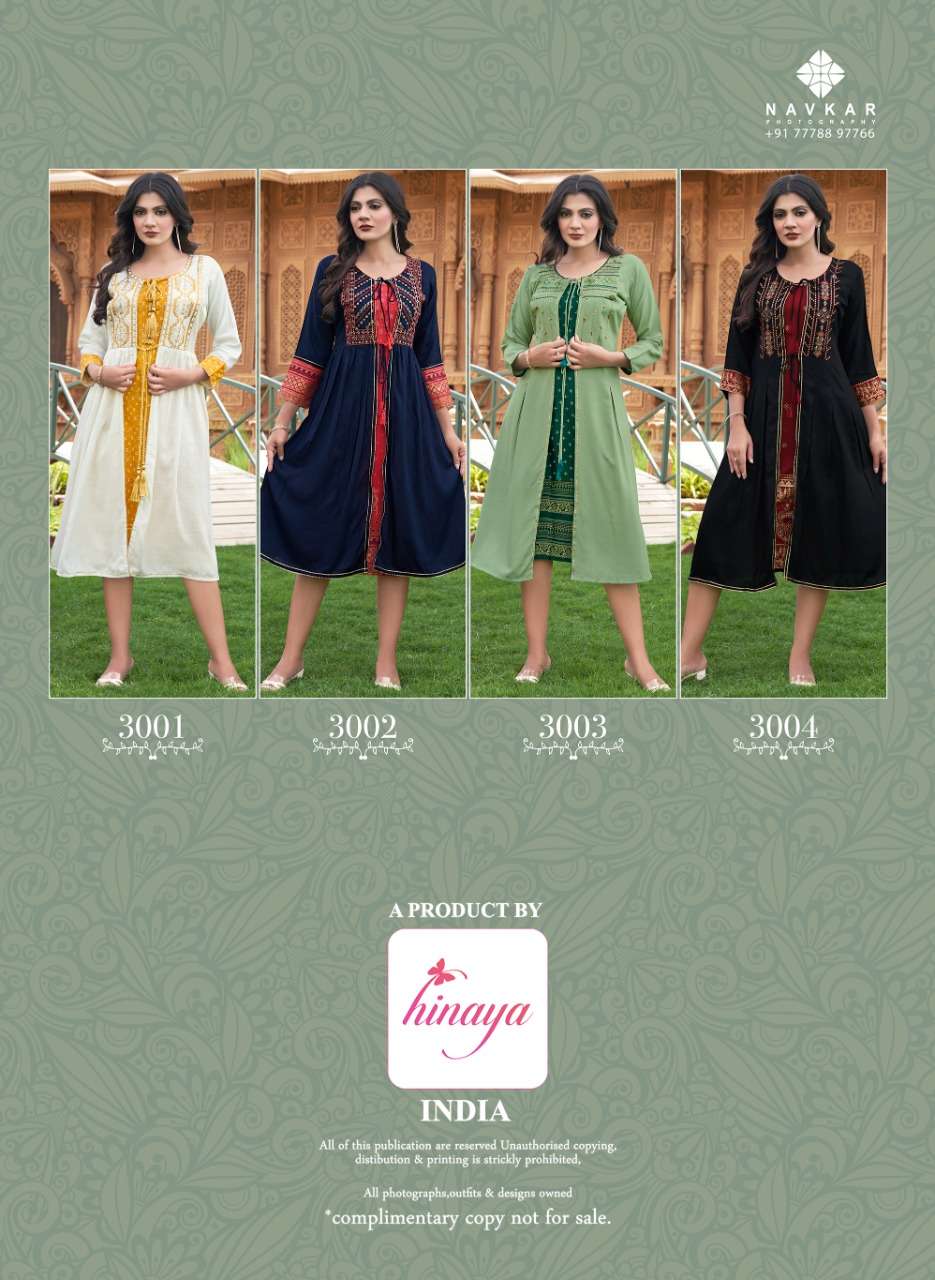 ANAYSHA VOL-3 BY HINAYA 1001 TO 1004 SERIES DESIGNER STYLISH FANCY COLORFUL BEAUTIFUL PARTY WEAR & ETHNIC WEAR COLLECTION PURE RAYON KURTIS WITH JACKETS AT WHOLESALE PRICE