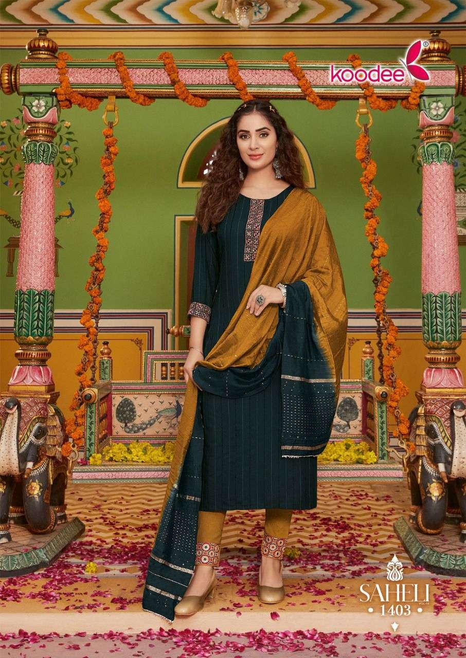 Saheli Vol-14 By Koodee 1401 To 1406 Series Beautiful Stylish Festive Suits Fancy Colorful Casual Wear & Ethnic Wear & Ready To Wear Viscose Velvet Embroidered Dresses At Wholesale Price
