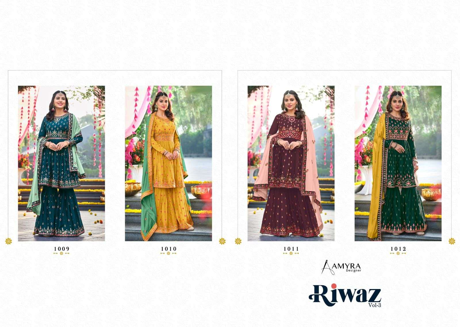 Riwaz Vol-3 By Amyra Designer 1009 To 1012 Series Beautiful Stylish Sharara Suits Fancy Colorful Casual Wear & Ethnic Wear & Ready To Wear Heavy Chinnon Embroidered Dresses At Wholesale Price