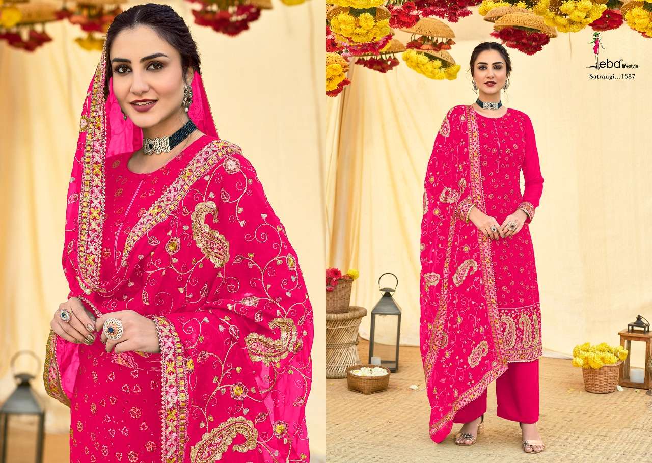 SATRANGI VOL-2 COLOR EDITION BY EBA LIFESTYLE 1387 TO 1390 SERIES BEAUTIFUL STYLISH SHARARA SUITS FANCY COLORFUL CASUAL WEAR & ETHNIC WEAR & READY TO WEAR HEAVY FAUX GEORGETTE EMBROIDERED DRESSES AT WHOLESALE PRICE