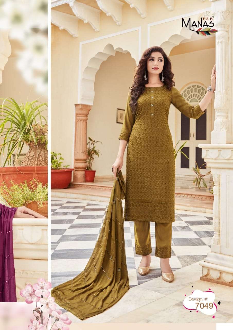 SCHIFFLI VOL-9 BY MANAS FAB 7049 TO 7054 SERIES BEAUTIFUL SUITS COLORFUL STYLISH FANCY CASUAL WEAR & ETHNIC WEAR RAYON WITH SCHIFFLI WORK DRESSES AT WHOLESALE PRICE