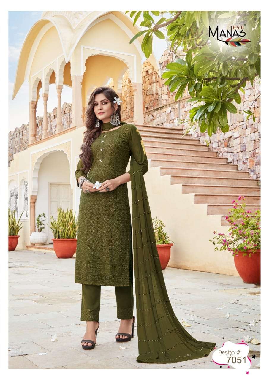 SCHIFFLI VOL-9 BY MANAS FAB 7049 TO 7054 SERIES BEAUTIFUL SUITS COLORFUL STYLISH FANCY CASUAL WEAR & ETHNIC WEAR RAYON WITH SCHIFFLI WORK DRESSES AT WHOLESALE PRICE