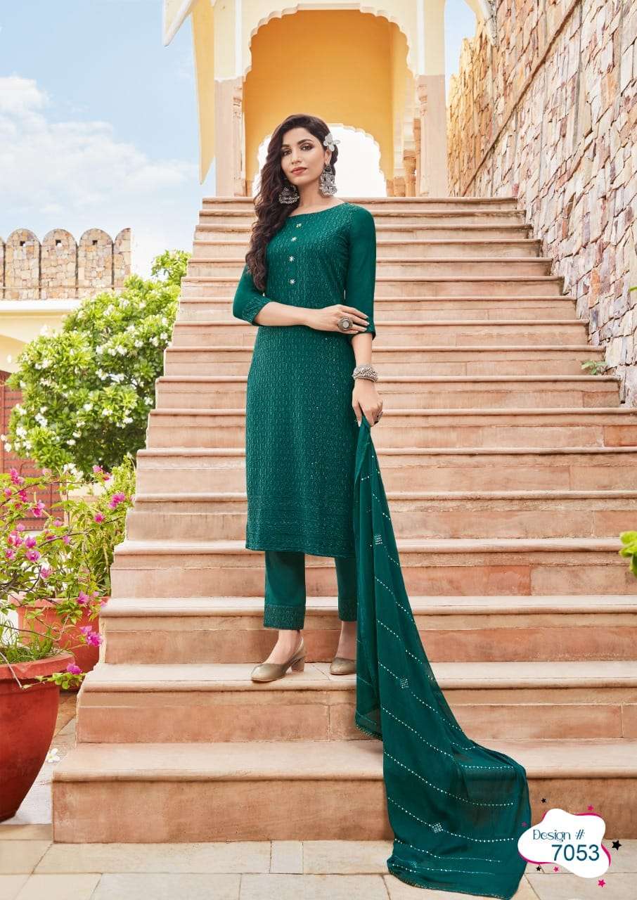 SCHIFFLI VOL-9 BY MANAS FAB 7049 TO 7054 SERIES BEAUTIFUL SUITS COLORFUL STYLISH FANCY CASUAL WEAR & ETHNIC WEAR RAYON WITH SCHIFFLI WORK DRESSES AT WHOLESALE PRICE