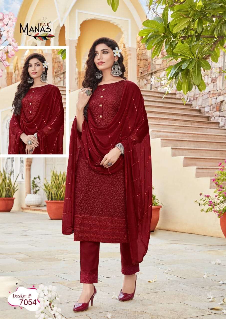 SCHIFFLI VOL-9 BY MANAS FAB 7049 TO 7054 SERIES BEAUTIFUL SUITS COLORFUL STYLISH FANCY CASUAL WEAR & ETHNIC WEAR RAYON WITH SCHIFFLI WORK DRESSES AT WHOLESALE PRICE