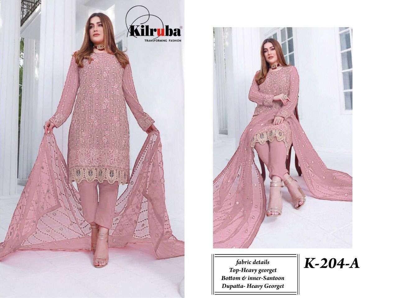 KILRUBA HIT DESIGN K-204-A BY KILRUBA PAKISTANI SUITS BEAUTIFUL FANCY COLORFUL STYLISH PARTY WEAR & OCCASIONAL WEAR GEORGETTE EMBROIDERY DRESSES AT WHOLESALE PRICE