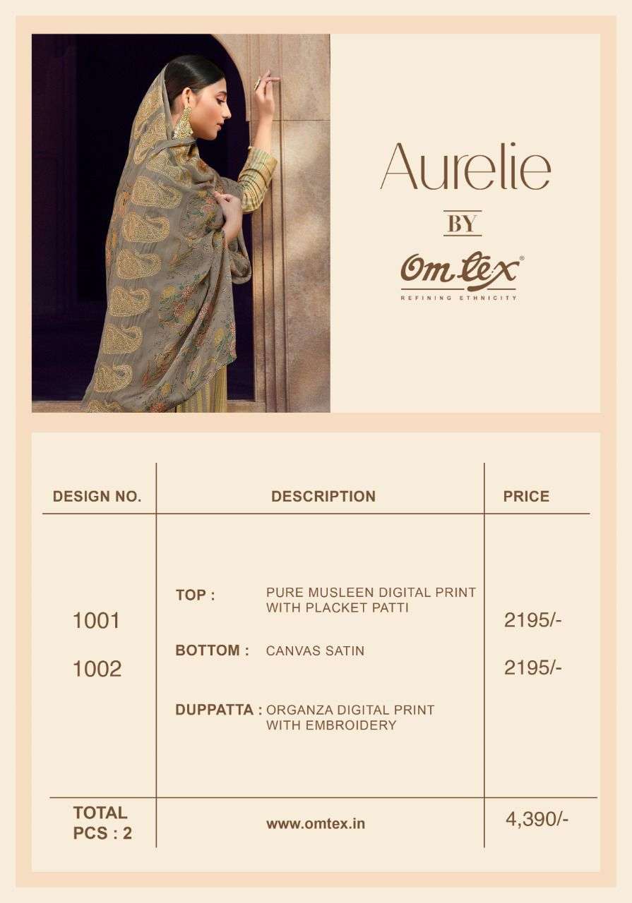 AURELIE BY OMTEX 1001 TO 1002 SERIES BEAUTIFUL SUITS COLORFUL STYLISH FANCY CASUAL WEAR & ETHNIC WEAR PURE MUSLIN PRINT DRESSES AT WHOLESALE PRICE