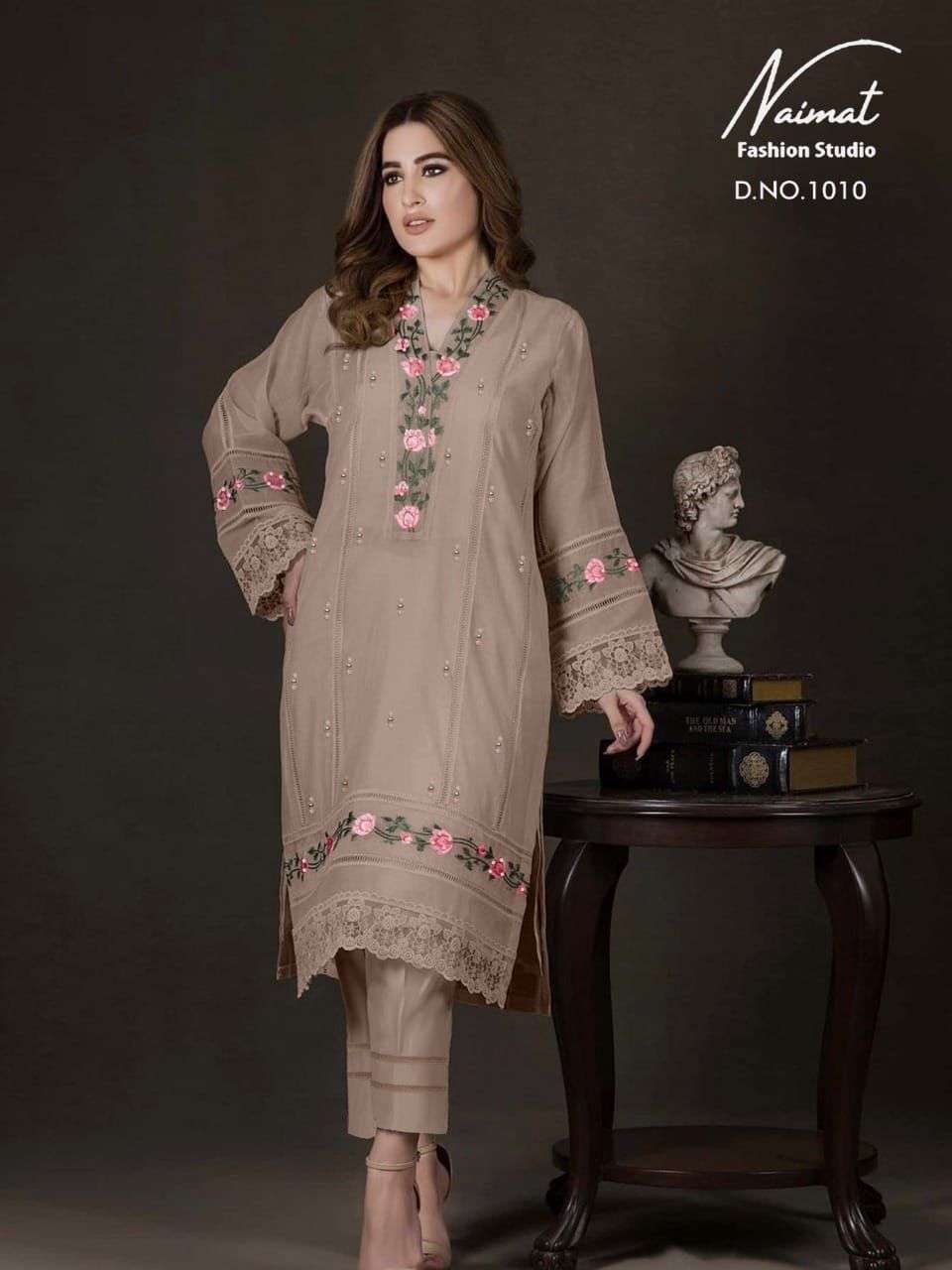 NAIMAT 1010 COLOURS BY NAIMAT FASHION STUDIO 1010-A TO 1010-B SERIES DESIGNER STYLISH FANCY COLORFUL BEAUTIFUL PARTY WEAR & ETHNIC WEAR COLLECTION PURE FAUX EMBROIDERY KURTIS WITH PANTS AT WHOLESALE PRICE