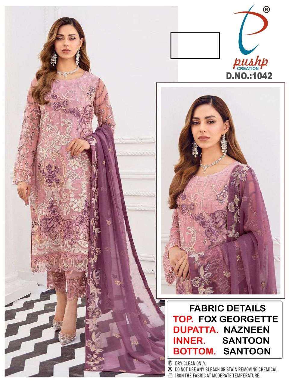 PUSHP HIT DESIGN 1042 BY PUSHP CREATION DESIGNER PAKISTANI SUITS BEAUTIFUL STYLISH FANCY COLORFUL PARTY WEAR & OCCASIONAL WEAR FAUX GEORGETTE EMBROIDERED DRESSES AT WHOLESALE PRICE