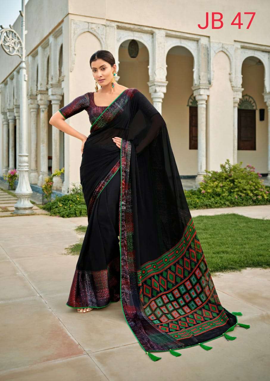 JEEVIKA BLACK VOL-5 BY SR 46 TO 50 SERIES INDIAN TRADITIONAL WEAR COLLECTION BEAUTIFUL STYLISH FANCY COLORFUL PARTY WEAR & OCCASIONAL WEAR WEIGHTLESS SATIN SAREES AT WHOLESALE PRICE
