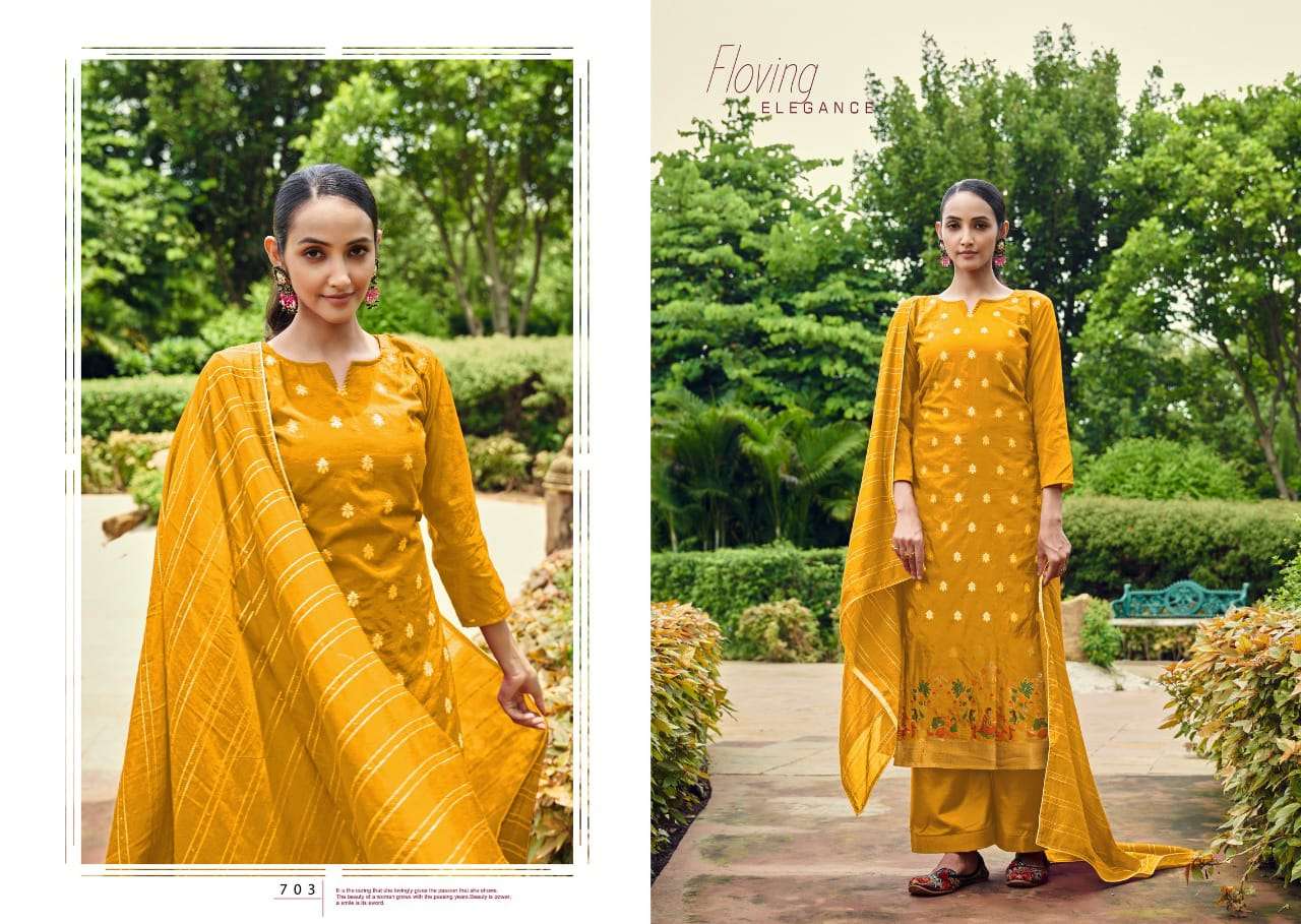 SHUBH BY CHERRY 701 TO 704 SERIES BEAUTIFUL SUITS COLORFUL STYLISH FANCY CASUAL WEAR & ETHNIC WEAR JACQUARD SILK DRESSES AT WHOLESALE PRICE