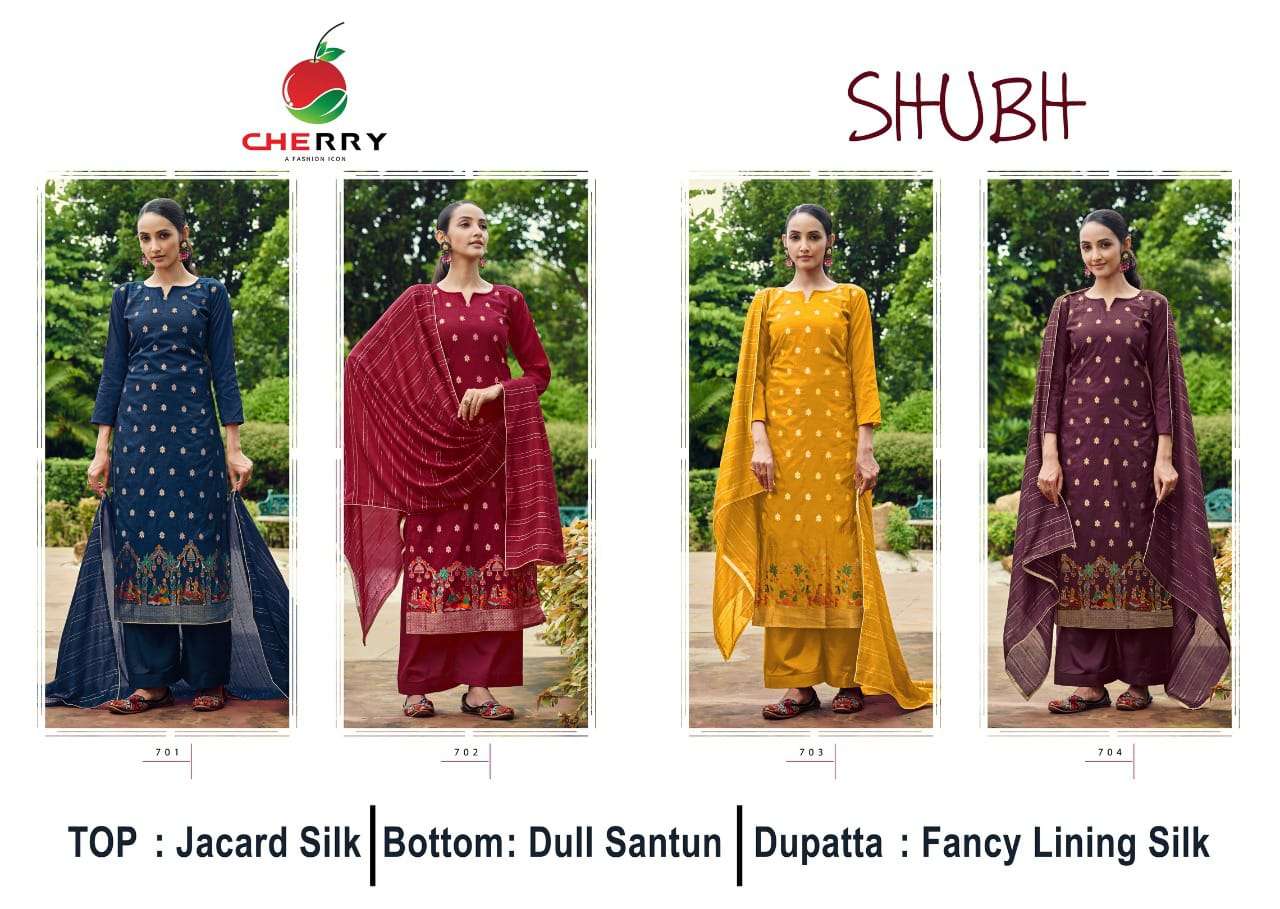 SHUBH BY CHERRY 701 TO 704 SERIES BEAUTIFUL SUITS COLORFUL STYLISH FANCY CASUAL WEAR & ETHNIC WEAR JACQUARD SILK DRESSES AT WHOLESALE PRICE