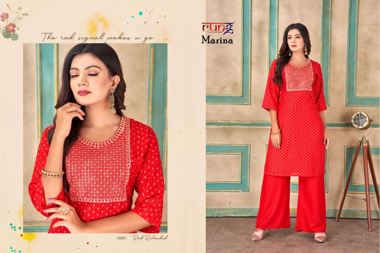 MARINA BY RUNG 1001 TO 1008 SERIES DESIGNER STYLISH FANCY COLORFUL BEAUTIFUL PARTY WEAR & ETHNIC WEAR COLLECTION RAYON WITH WORK KURTIS WITH BOTTOM AT WHOLESALE PRICE