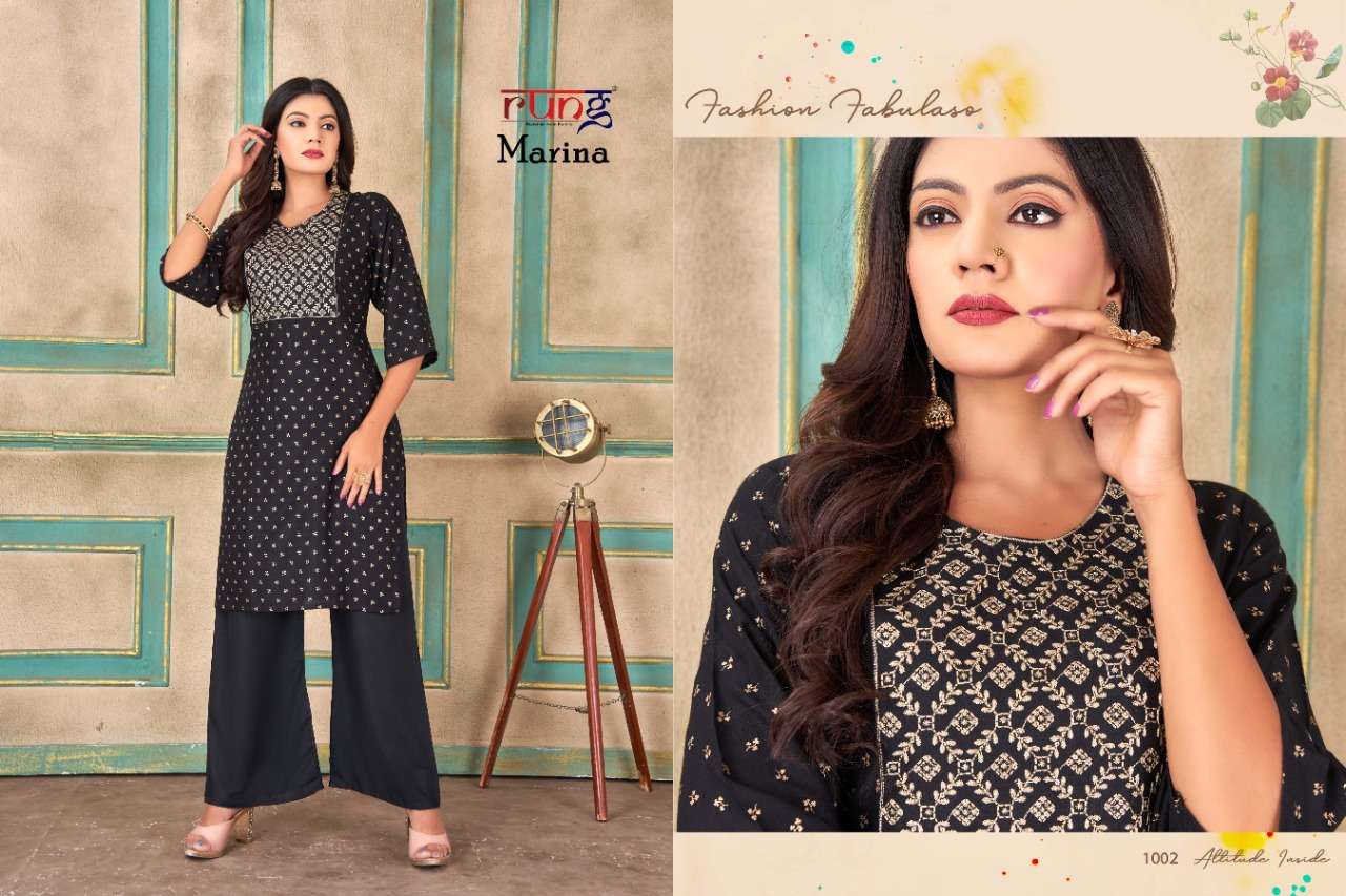 MARINA BY RUNG 1001 TO 1008 SERIES DESIGNER STYLISH FANCY COLORFUL BEAUTIFUL PARTY WEAR & ETHNIC WEAR COLLECTION RAYON WITH WORK KURTIS WITH BOTTOM AT WHOLESALE PRICE