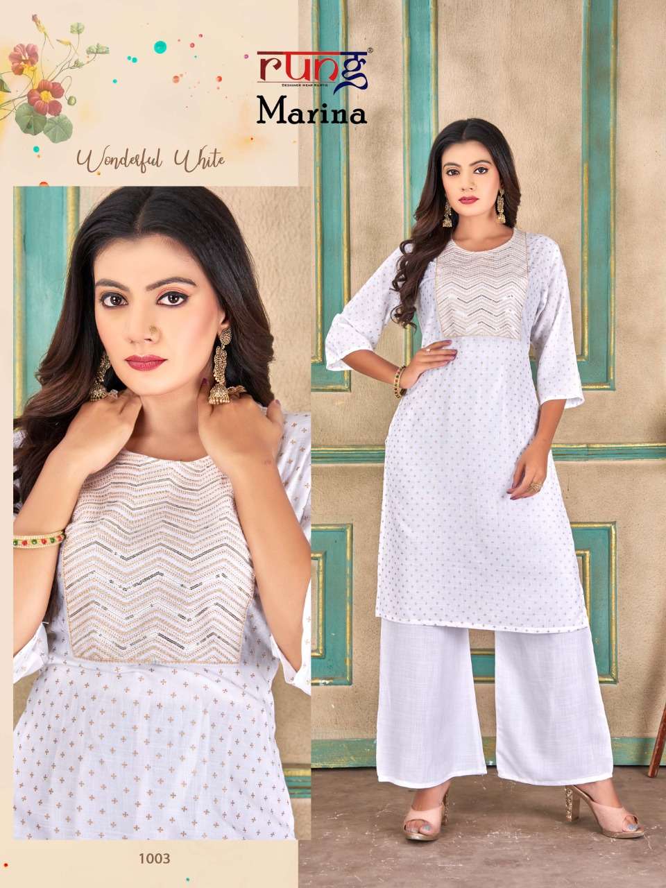 MARINA BY RUNG 1001 TO 1008 SERIES DESIGNER STYLISH FANCY COLORFUL BEAUTIFUL PARTY WEAR & ETHNIC WEAR COLLECTION RAYON WITH WORK KURTIS WITH BOTTOM AT WHOLESALE PRICE
