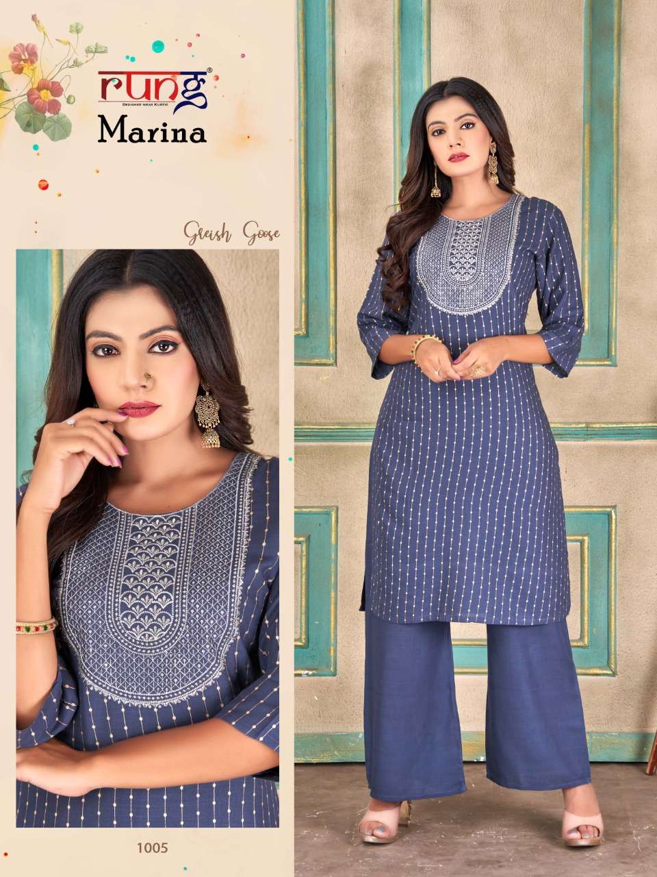MARINA BY RUNG 1001 TO 1008 SERIES DESIGNER STYLISH FANCY COLORFUL BEAUTIFUL PARTY WEAR & ETHNIC WEAR COLLECTION RAYON WITH WORK KURTIS WITH BOTTOM AT WHOLESALE PRICE