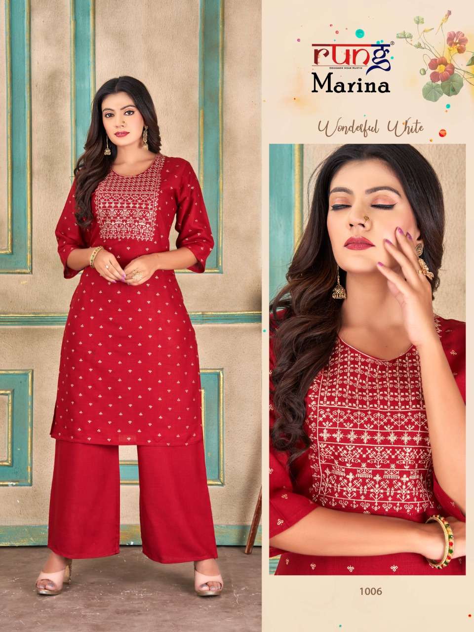 MARINA BY RUNG 1001 TO 1008 SERIES DESIGNER STYLISH FANCY COLORFUL BEAUTIFUL PARTY WEAR & ETHNIC WEAR COLLECTION RAYON WITH WORK KURTIS WITH BOTTOM AT WHOLESALE PRICE