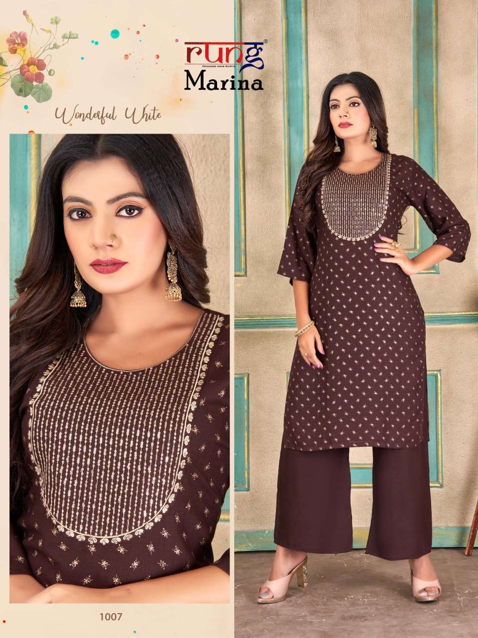 MARINA BY RUNG 1001 TO 1008 SERIES DESIGNER STYLISH FANCY COLORFUL BEAUTIFUL PARTY WEAR & ETHNIC WEAR COLLECTION RAYON WITH WORK KURTIS WITH BOTTOM AT WHOLESALE PRICE