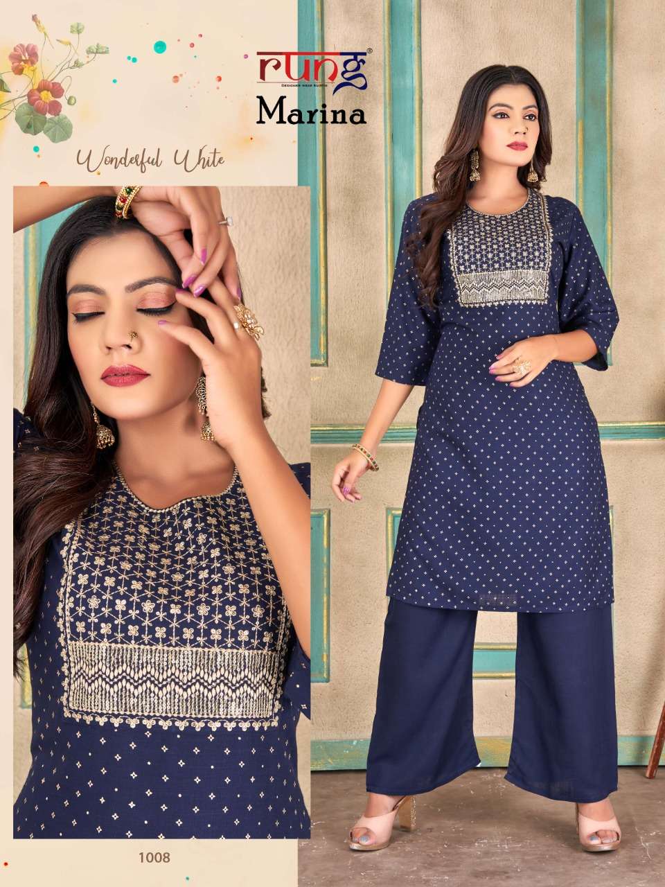 MARINA BY RUNG 1001 TO 1008 SERIES DESIGNER STYLISH FANCY COLORFUL BEAUTIFUL PARTY WEAR & ETHNIC WEAR COLLECTION RAYON WITH WORK KURTIS WITH BOTTOM AT WHOLESALE PRICE
