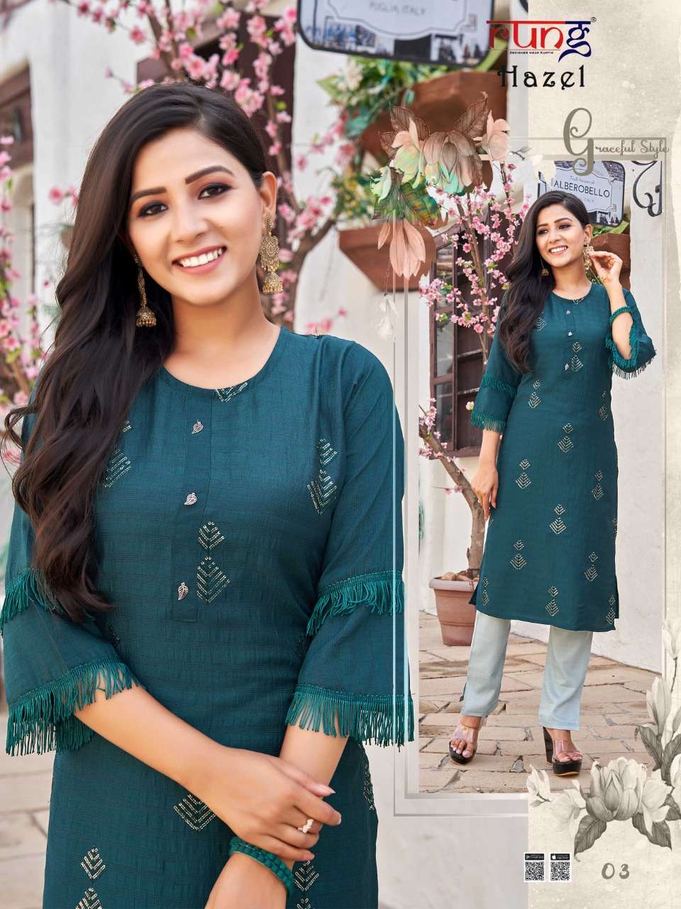 HAZEL BY RUNG 01 TO 08 SERIES DESIGNER STYLISH FANCY COLORFUL BEAUTIFUL PARTY WEAR & ETHNIC WEAR COLLECTION COTTON KURTIS WITH BOTTOM AT WHOLESALE PRICE