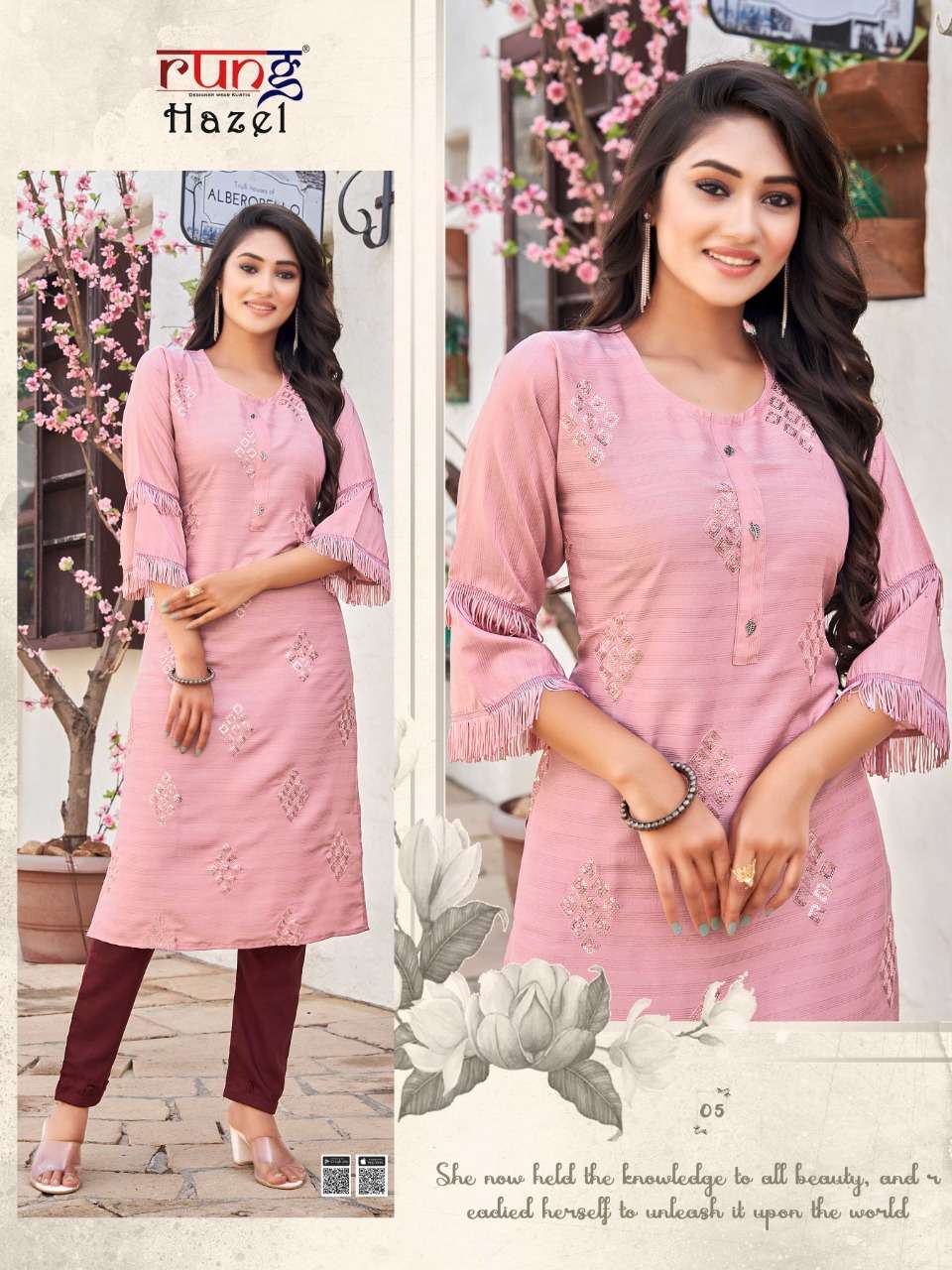 HAZEL BY RUNG 01 TO 08 SERIES DESIGNER STYLISH FANCY COLORFUL BEAUTIFUL PARTY WEAR & ETHNIC WEAR COLLECTION COTTON KURTIS WITH BOTTOM AT WHOLESALE PRICE