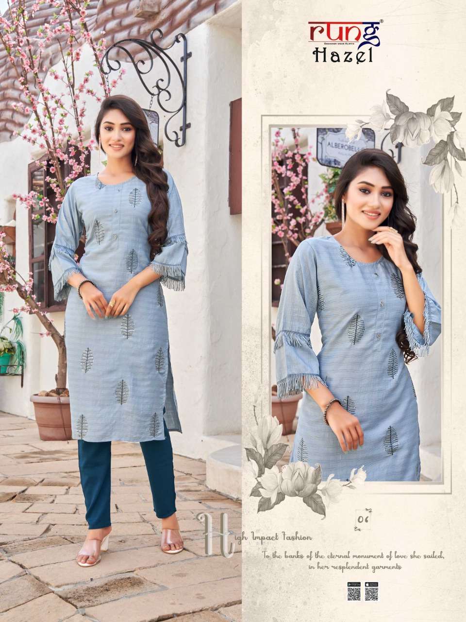 HAZEL BY RUNG 01 TO 08 SERIES DESIGNER STYLISH FANCY COLORFUL BEAUTIFUL PARTY WEAR & ETHNIC WEAR COLLECTION COTTON KURTIS WITH BOTTOM AT WHOLESALE PRICE