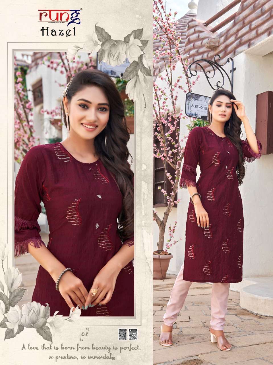 HAZEL BY RUNG 01 TO 08 SERIES DESIGNER STYLISH FANCY COLORFUL BEAUTIFUL PARTY WEAR & ETHNIC WEAR COLLECTION COTTON KURTIS WITH BOTTOM AT WHOLESALE PRICE