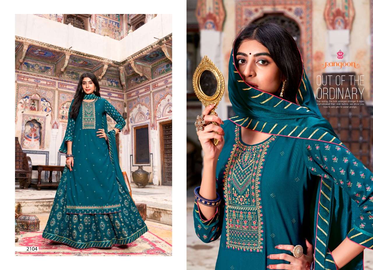 NIRJA VOL-2 BY RANGOON 2101 TO 2104 SERIES BEAUTIFUL SUITS COLORFUL STYLISH FANCY CASUAL WEAR & ETHNIC WEAR HEAVY RAYON EMBROIDERED DRESSES AT WHOLESALE PRICE