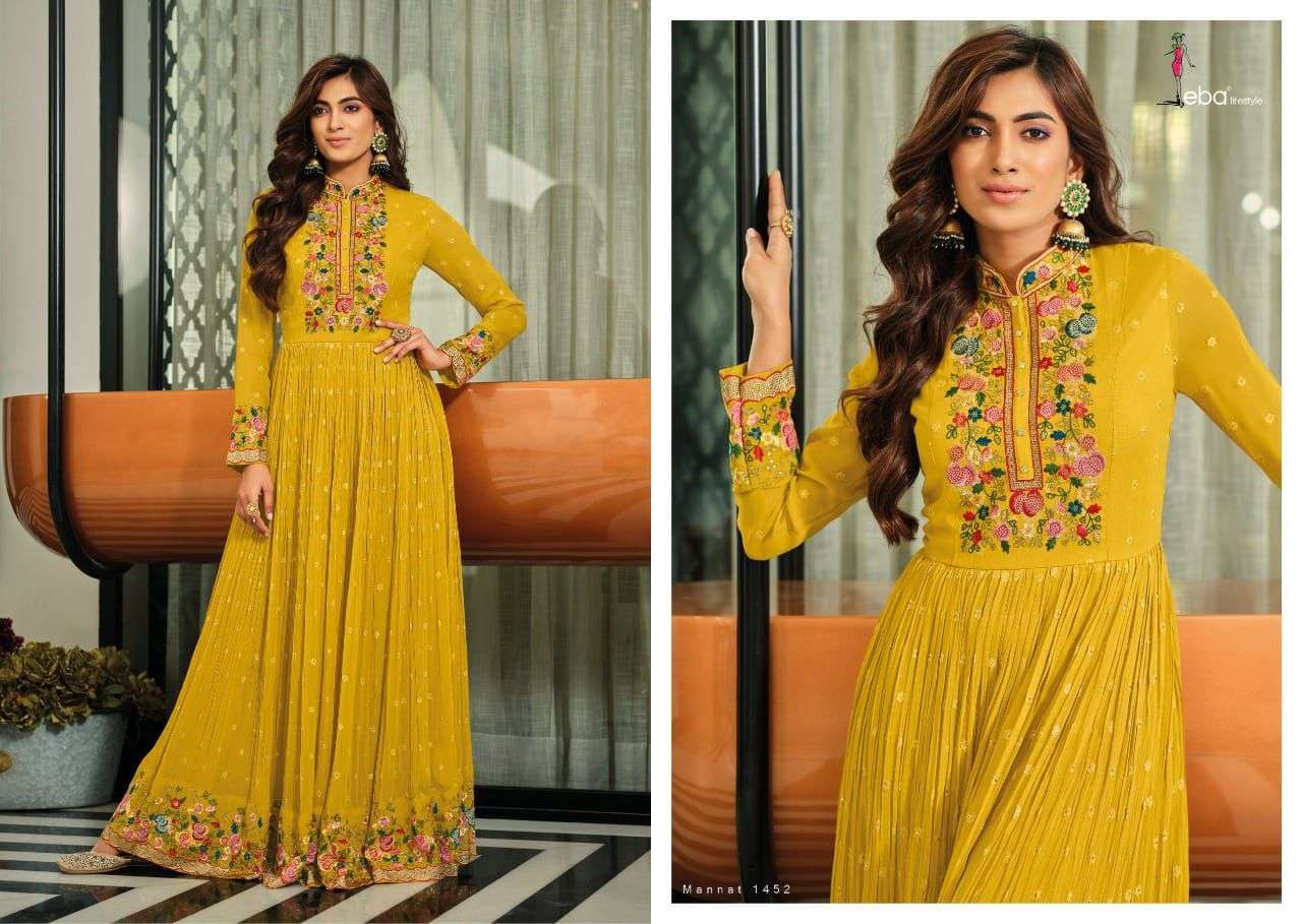 MANNAT BY EBA LIFESTYLE 1452 TO 1454 SERIES BEAUTIFUL STYLISH FANCY COLORFUL CASUAL WEAR & ETHNIC WEAR GEORGETTE EMBROIDERED GOWNS WITH DUPATTA AT WHOLESALE PRICE