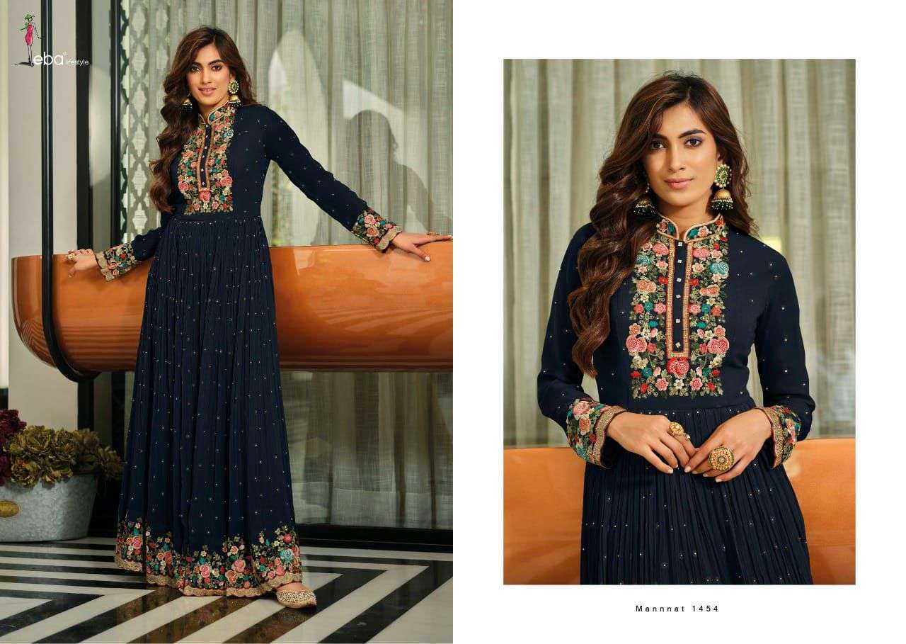 MANNAT BY EBA LIFESTYLE 1452 TO 1454 SERIES BEAUTIFUL STYLISH FANCY COLORFUL CASUAL WEAR & ETHNIC WEAR GEORGETTE EMBROIDERED GOWNS WITH DUPATTA AT WHOLESALE PRICE