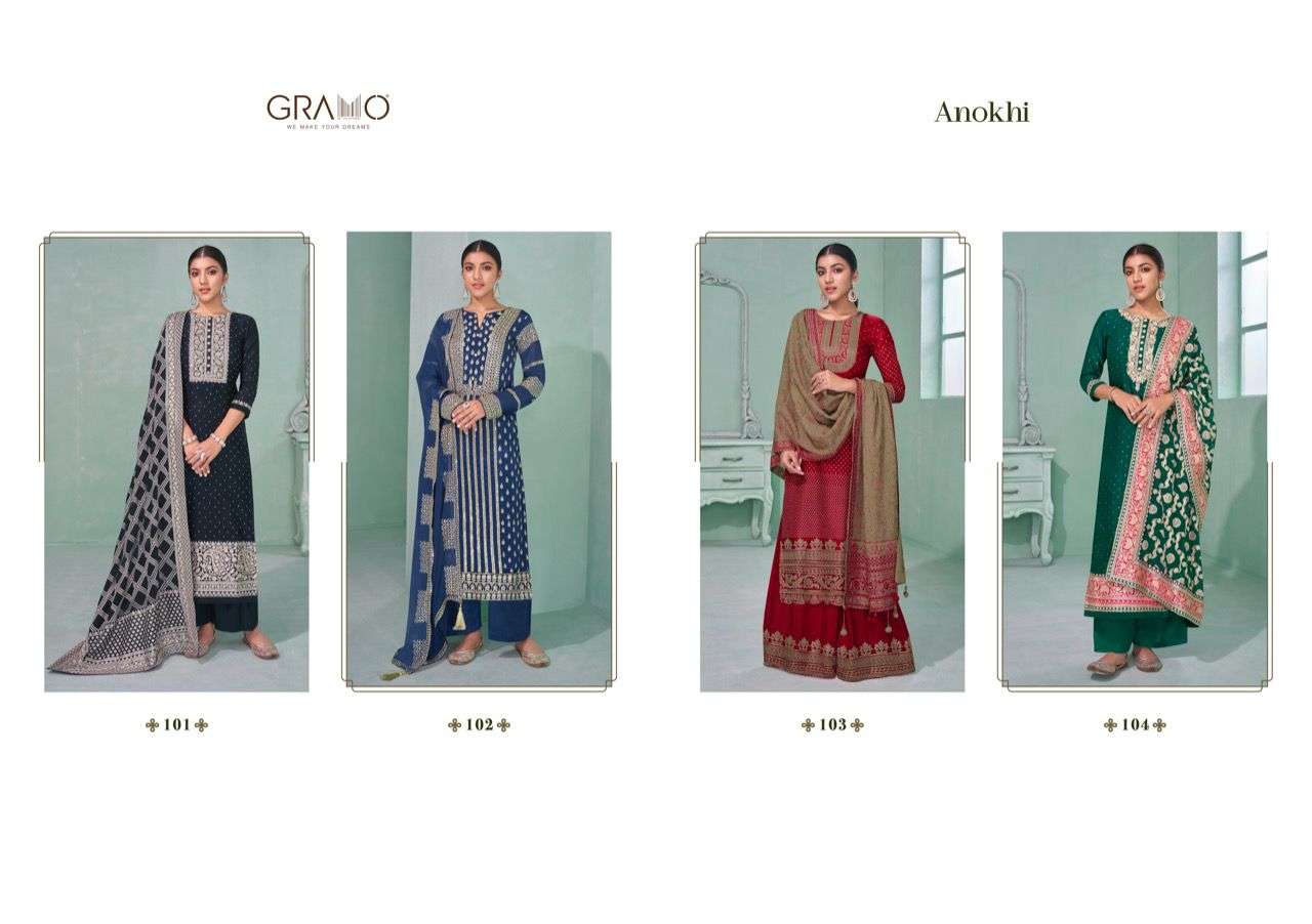 Anokhi By Gramo 1001 To 1004 Series Beautiful Suits Colorful Stylish Fancy Casual Wear & Ethnic Wear Georgette Embroidered Dresses At Wholesale Price