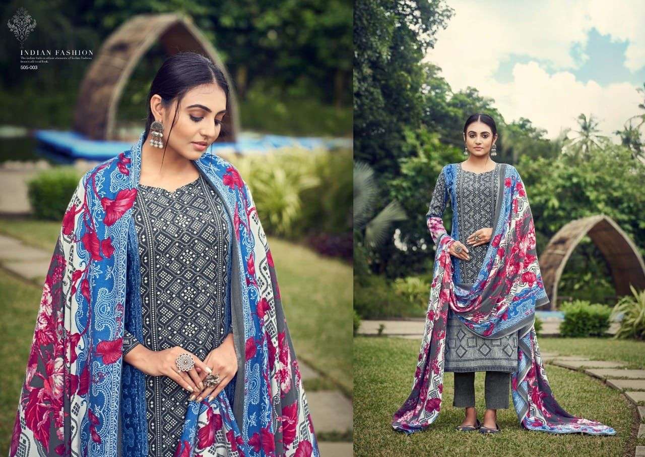 NUSRAT BY ADEEVA TRENDZ 505-001 TO 505-010 SERIES BEAUTIFUL SUITS COLORFUL STYLISH FANCY CASUAL WEAR & ETHNIC WEAR PASHMINA PRINT DRESSES AT WHOLESALE PRICE