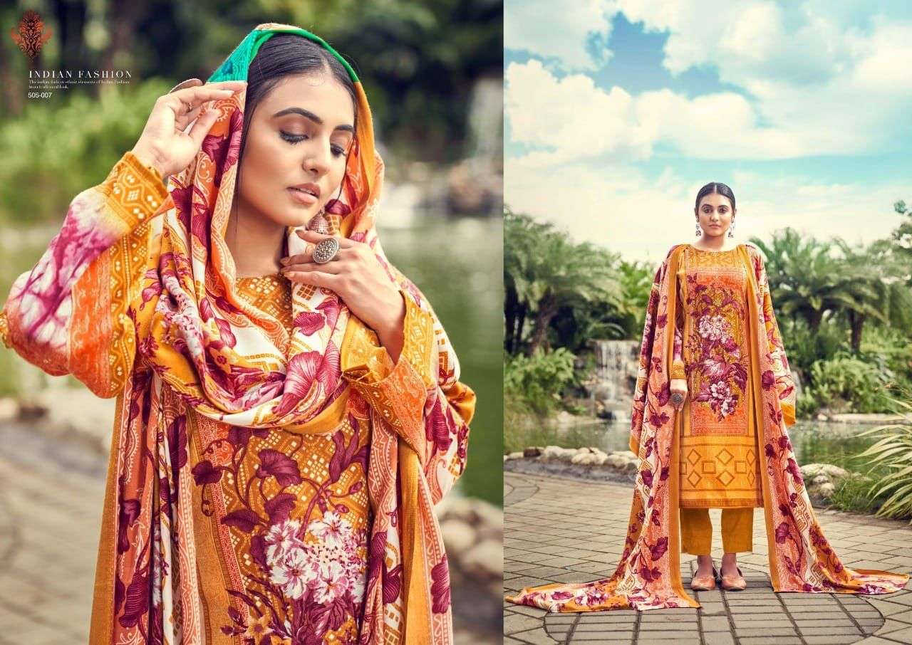 NUSRAT BY ADEEVA TRENDZ 505-001 TO 505-010 SERIES BEAUTIFUL SUITS COLORFUL STYLISH FANCY CASUAL WEAR & ETHNIC WEAR PASHMINA PRINT DRESSES AT WHOLESALE PRICE