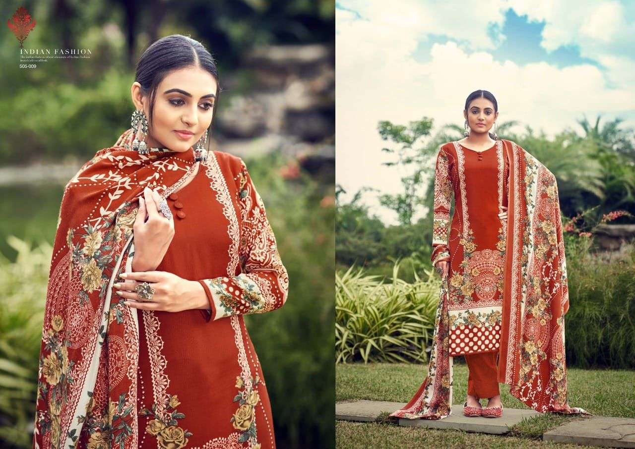 NUSRAT BY ADEEVA TRENDZ 505-001 TO 505-010 SERIES BEAUTIFUL SUITS COLORFUL STYLISH FANCY CASUAL WEAR & ETHNIC WEAR PASHMINA PRINT DRESSES AT WHOLESALE PRICE