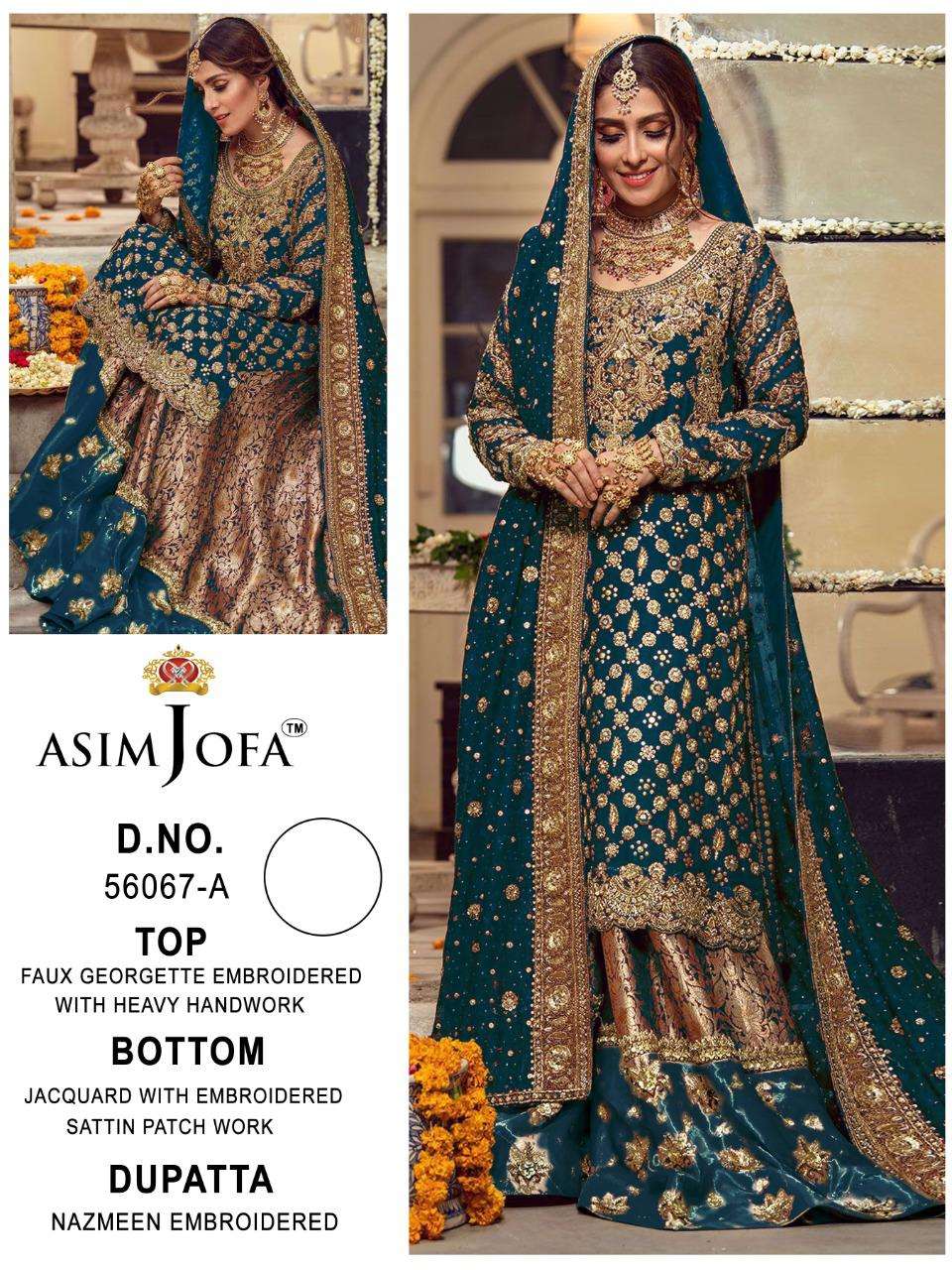 ASIM JOFA HIT DESIGN 56067 COLOURS BY ASIM JOFA 56067-A TO 56067-D SERIES BEAUTIFUL PAKISTANI SUITS STYLISH COLORFUL FANCY CASUAL WEAR & ETHNIC WEAR FAUX GEORGETTE EMBROIDERED DRESSES AT WHOLESALE PRICE
