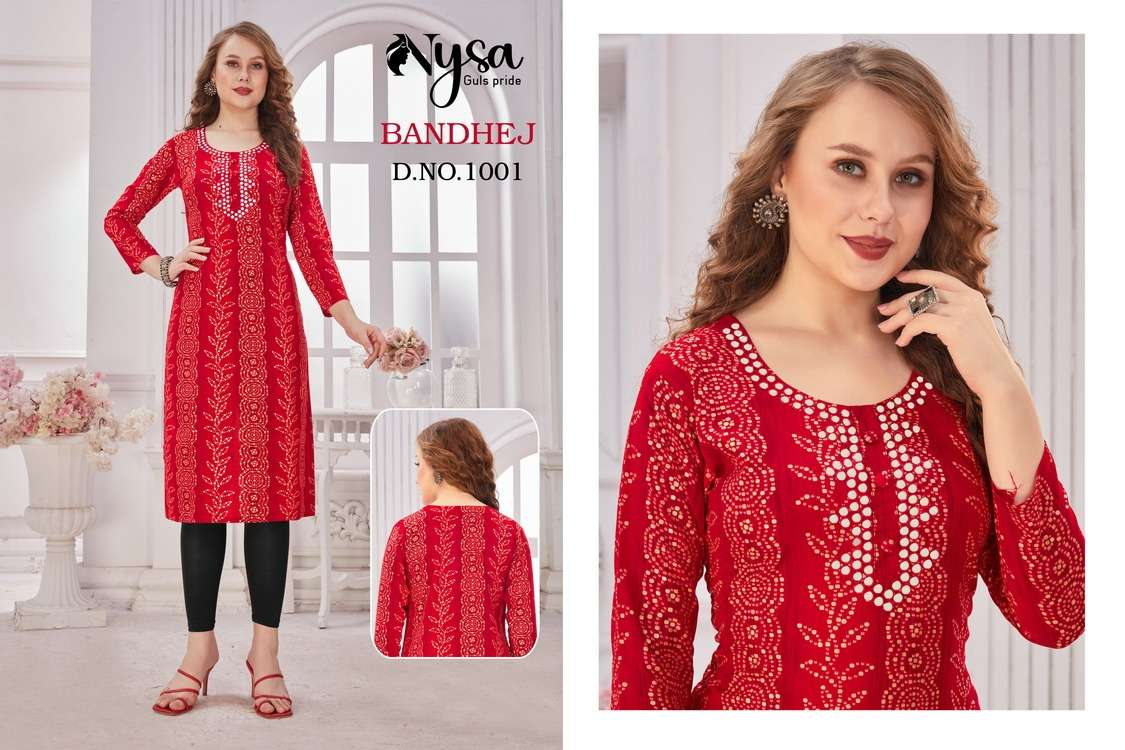 BANDHEJ BY NYSA 1001 TO 1004 SERIES DESIGNER STYLISH FANCY COLORFUL BEAUTIFUL PARTY WEAR & ETHNIC WEAR COLLECTION PURE RAYON KURTIS AT WHOLESALE PRICE
