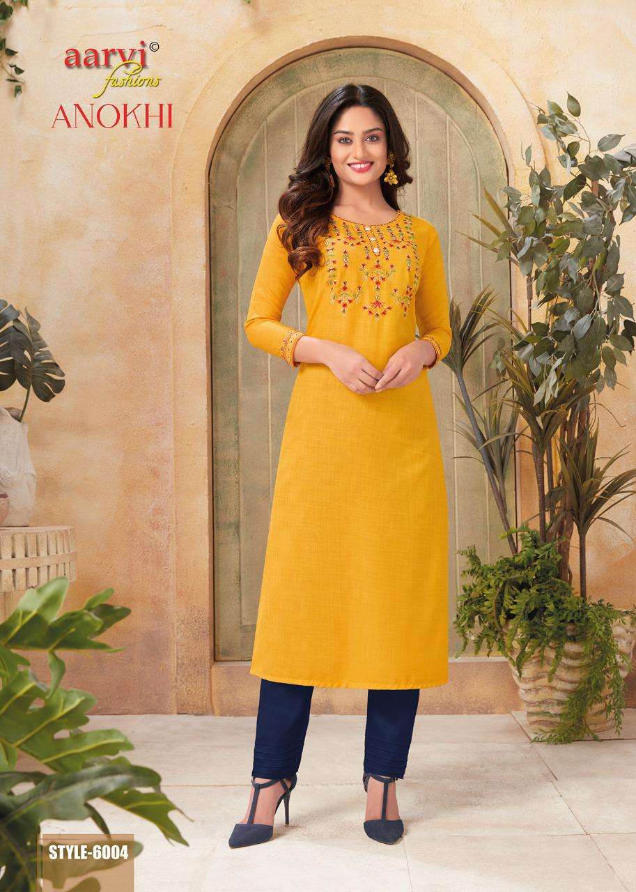 ANOKHI VOL-1 BY AARVI FASHION 6001 TO 6006 SERIES DESIGNER STYLISH FANCY COLORFUL BEAUTIFUL PARTY WEAR & ETHNIC WEAR COLLECTION SILK COTTON KURTIS AT WHOLESALE PRICE