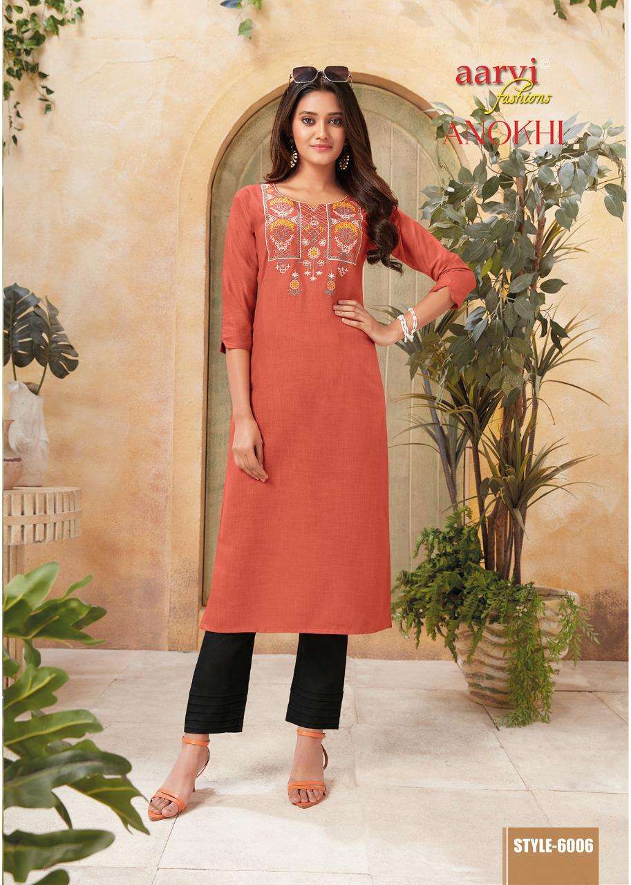 ANOKHI VOL-1 BY AARVI FASHION 6001 TO 6006 SERIES DESIGNER STYLISH FANCY COLORFUL BEAUTIFUL PARTY WEAR & ETHNIC WEAR COLLECTION SILK COTTON KURTIS AT WHOLESALE PRICE
