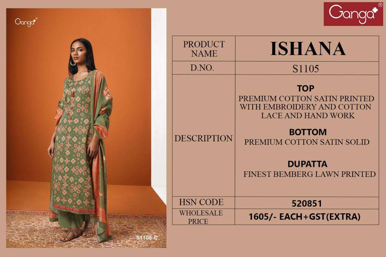 ISHANA-1105 BY GANGA FASHION 1105-A TO 1105-D SERIES BEAUTIFUL SUITS COLORFUL STYLISH FANCY CASUAL WEAR & ETHNIC WEAR COTTON SATIN DRESSES AT WHOLESALE PRICE