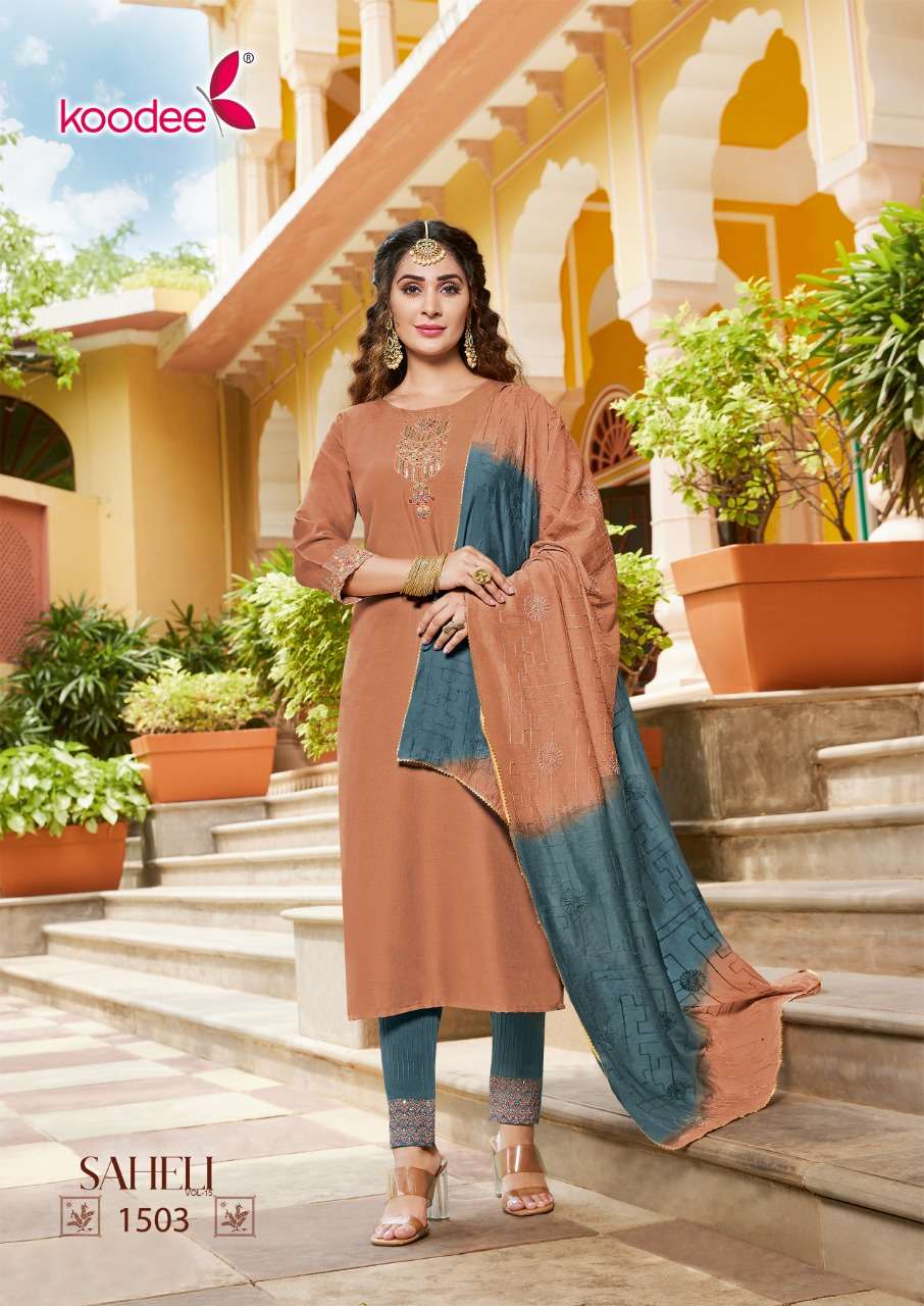SAHELI VOL-15 BY KOODEE 1501 TO 1506 SERIES DESIGNER SUITS BEAUTIFUL STYLISH FANCY COLORFUL PARTY WEAR & ETHNIC WEAR CHINNON SLUB DRESSES AT WHOLESALE PRICE