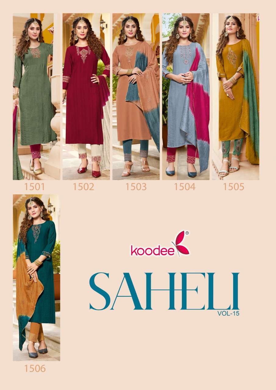 SAHELI VOL-15 BY KOODEE 1501 TO 1506 SERIES DESIGNER SUITS BEAUTIFUL STYLISH FANCY COLORFUL PARTY WEAR & ETHNIC WEAR CHINNON SLUB DRESSES AT WHOLESALE PRICE