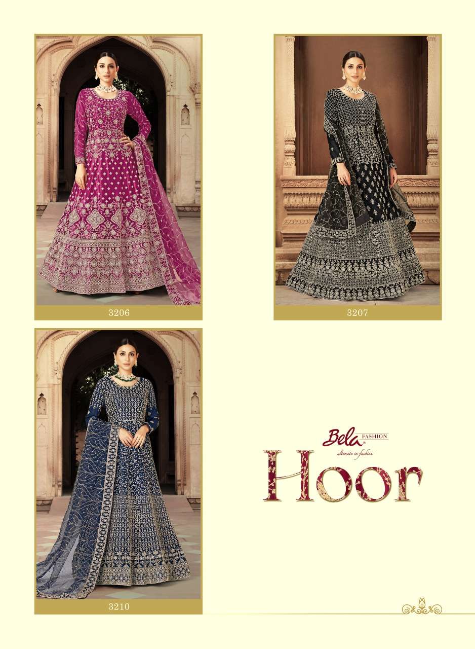 HOOR BY BELA FASHION 3204 TO 3210 SERIES BEAUTIFUL ANARKALI SUITS COLORFUL STYLISH FANCY CASUAL WEAR & ETHNIC WEAR HEAVY NET DRESSES AT WHOLESALE PRICE