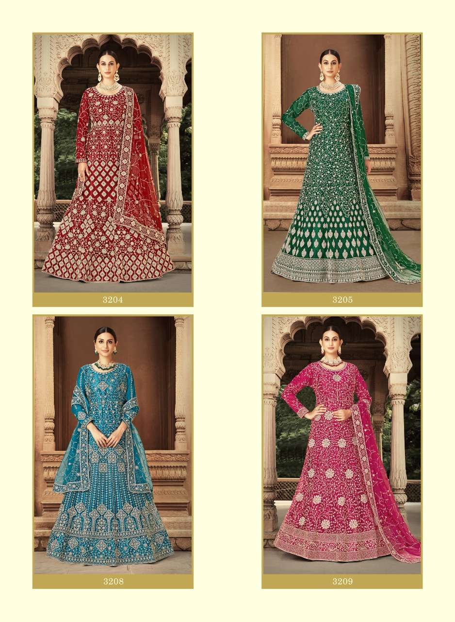 HOOR BY BELA FASHION 3204 TO 3210 SERIES BEAUTIFUL ANARKALI SUITS COLORFUL STYLISH FANCY CASUAL WEAR & ETHNIC WEAR HEAVY NET DRESSES AT WHOLESALE PRICE