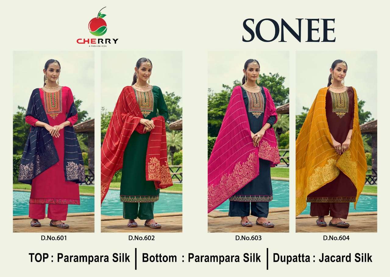 SONEE BY CHERRY 601 TO 604 SERIES BEAUTIFUL SUITS COLORFUL STYLISH FANCY CASUAL WEAR & ETHNIC WEAR PURE SILK DRESSES AT WHOLESALE PRICE