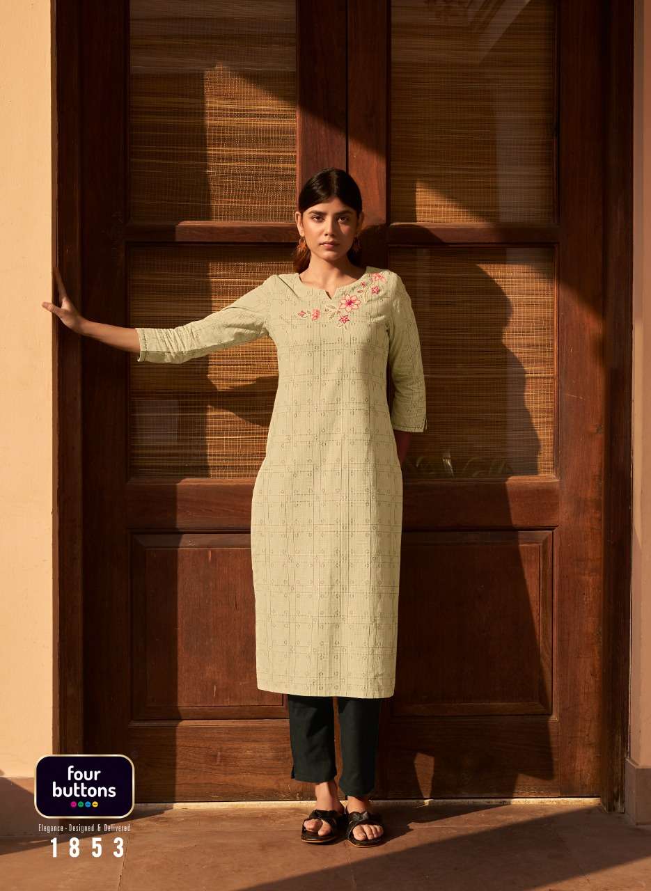 BASIL VOL-4 BY FOUR BUTTONS 1851 TO 1858 SERIES DESIGNER STYLISH FANCY COLORFUL BEAUTIFUL PARTY WEAR & ETHNIC WEAR COLLECTION PURE COTTON EMBROIDERY KURTIS AT WHOLESALE PRICE