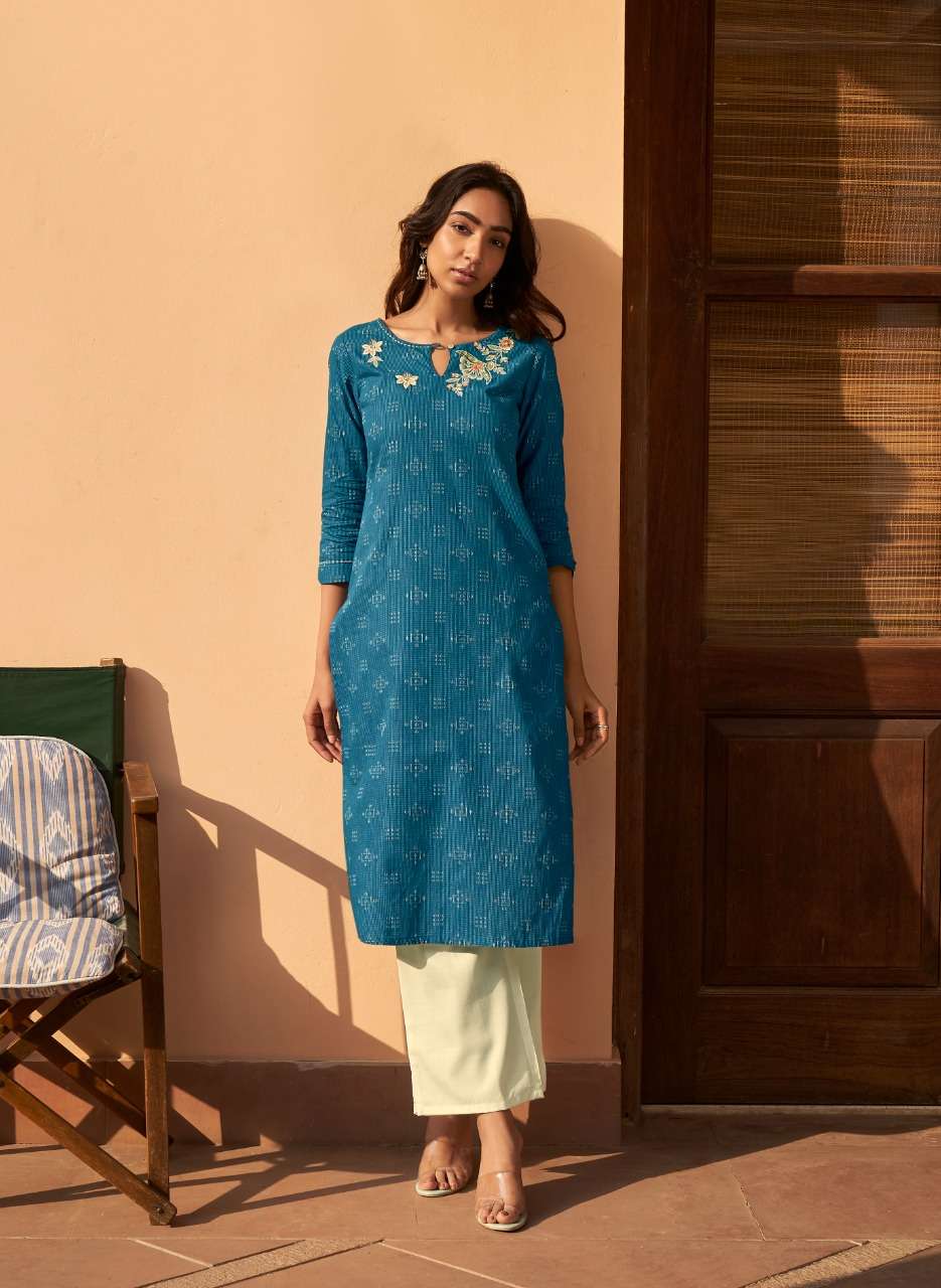 BASIL VOL-4 BY FOUR BUTTONS 1851 TO 1858 SERIES DESIGNER STYLISH FANCY COLORFUL BEAUTIFUL PARTY WEAR & ETHNIC WEAR COLLECTION PURE COTTON EMBROIDERY KURTIS AT WHOLESALE PRICE