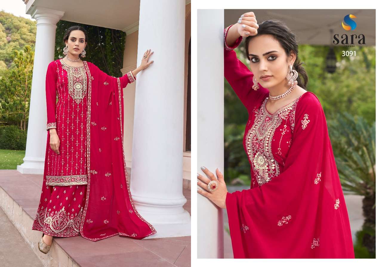 PASOORI BY SARA TRENDZ 3091 TO 3094 SERIES BEAUTIFUL SHARARA SUITS COLORFUL STYLISH FANCY CASUAL WEAR & ETHNIC WEAR CHINNON EMBROIDERED DRESSES AT WHOLESALE PRICE
