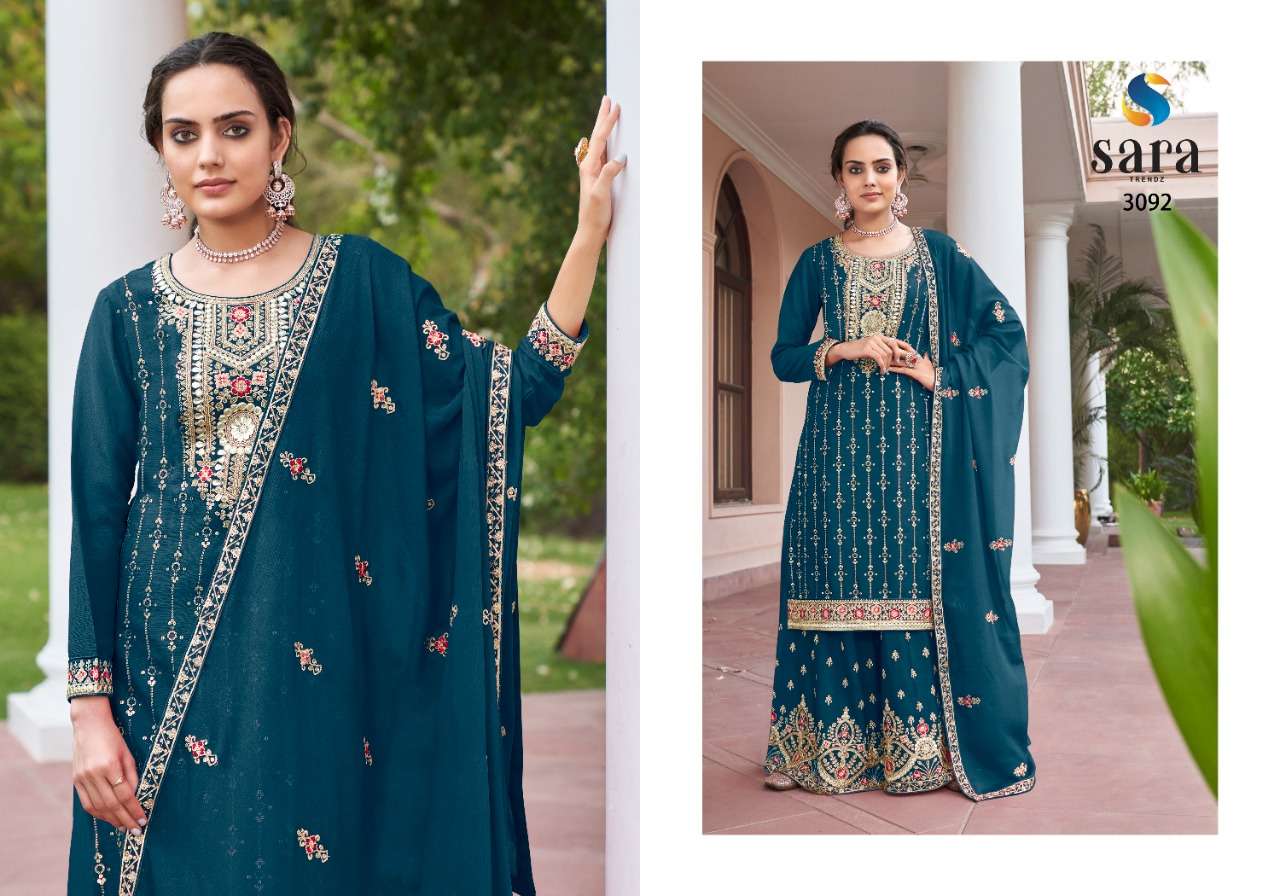 PASOORI BY SARA TRENDZ 3091 TO 3094 SERIES BEAUTIFUL SHARARA SUITS COLORFUL STYLISH FANCY CASUAL WEAR & ETHNIC WEAR CHINNON EMBROIDERED DRESSES AT WHOLESALE PRICE