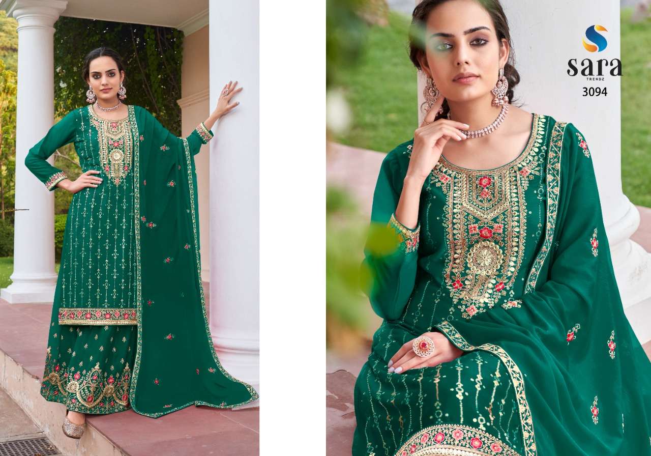 PASOORI BY SARA TRENDZ 3091 TO 3094 SERIES BEAUTIFUL SHARARA SUITS COLORFUL STYLISH FANCY CASUAL WEAR & ETHNIC WEAR CHINNON EMBROIDERED DRESSES AT WHOLESALE PRICE