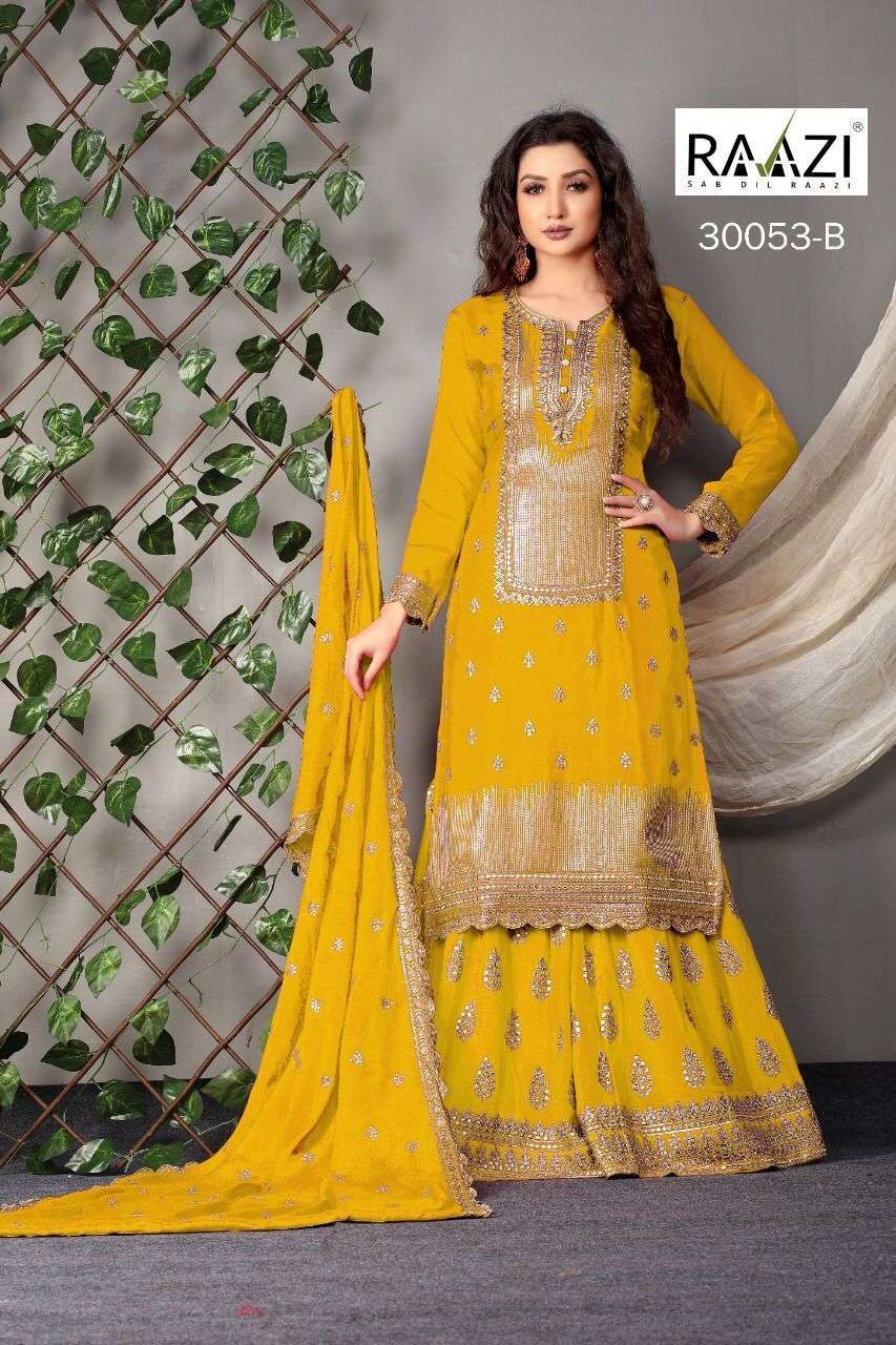 RAAZI 30053 COLOURS BY RAMA FASHION 30053-A TO 30053- F SERIES BEAUTIFUL STYLISH FANCY COLORFUL CASUAL WEAR & ETHNIC WEAR & READY TO WEAR CHINNON EMBROIDERED DRESSES AT WHOLESALE PRICE