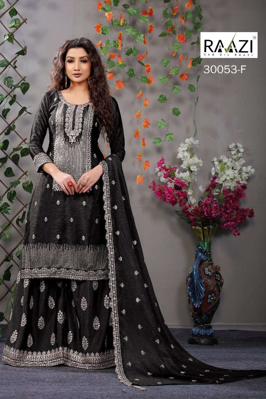 RAAZI 30053 COLOURS BY RAMA FASHION 30053-A TO 30053- F SERIES BEAUTIFUL STYLISH FANCY COLORFUL CASUAL WEAR & ETHNIC WEAR & READY TO WEAR CHINNON EMBROIDERED DRESSES AT WHOLESALE PRICE